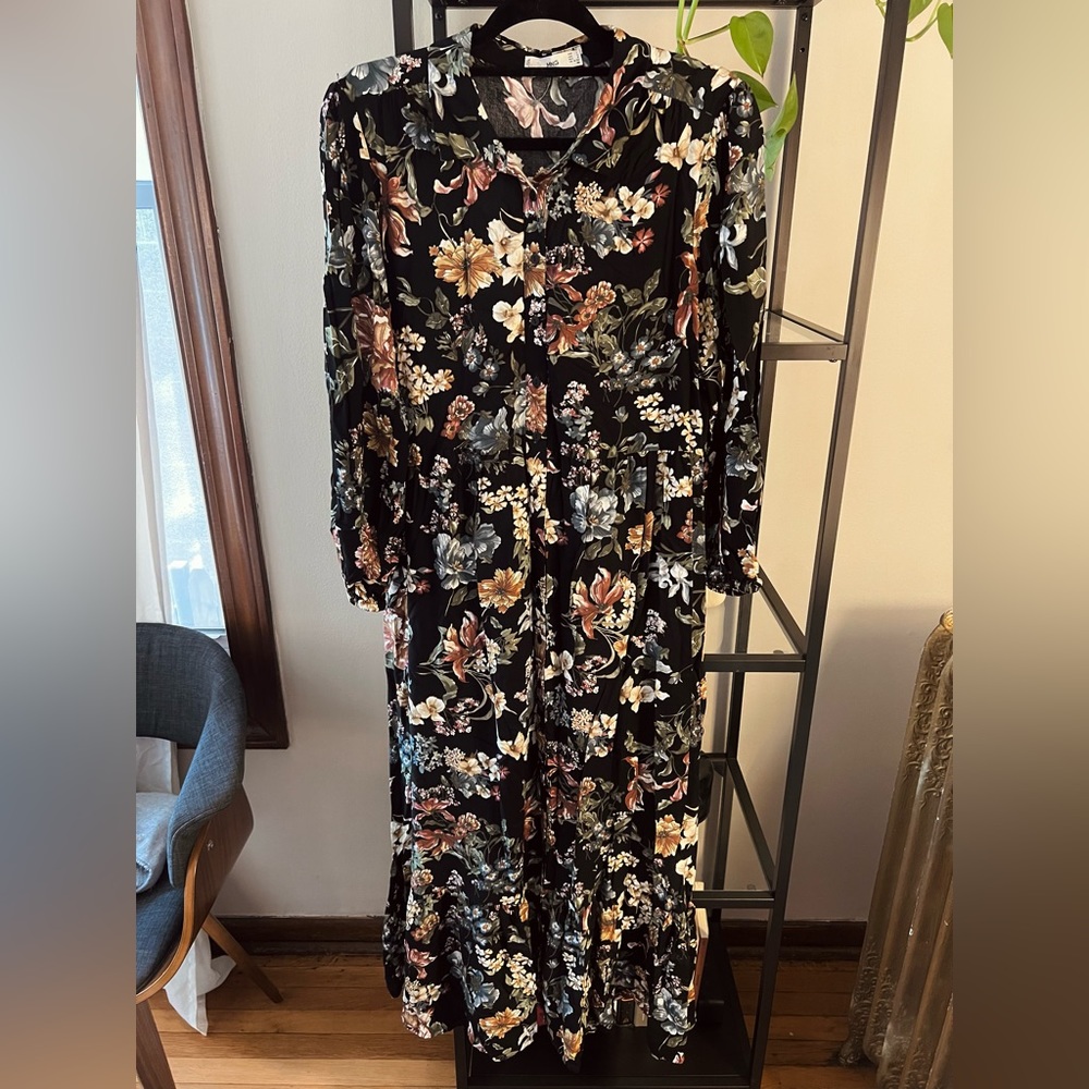 Mango Black Floral Maxi Dress with Multi-Color Blooms